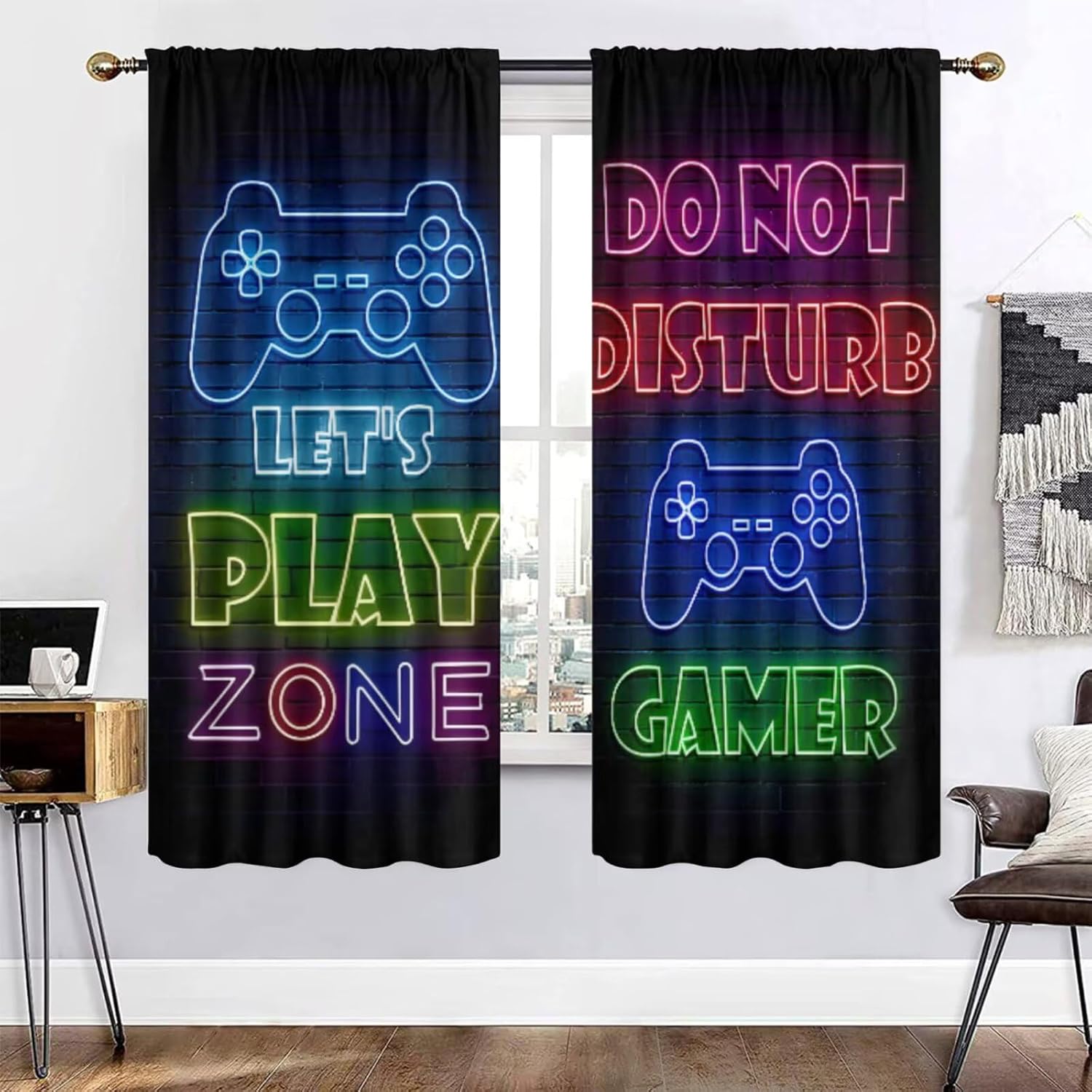 Retro Gaming Cafe - Cortina Gamer Blackout para Quarto, Decoração
